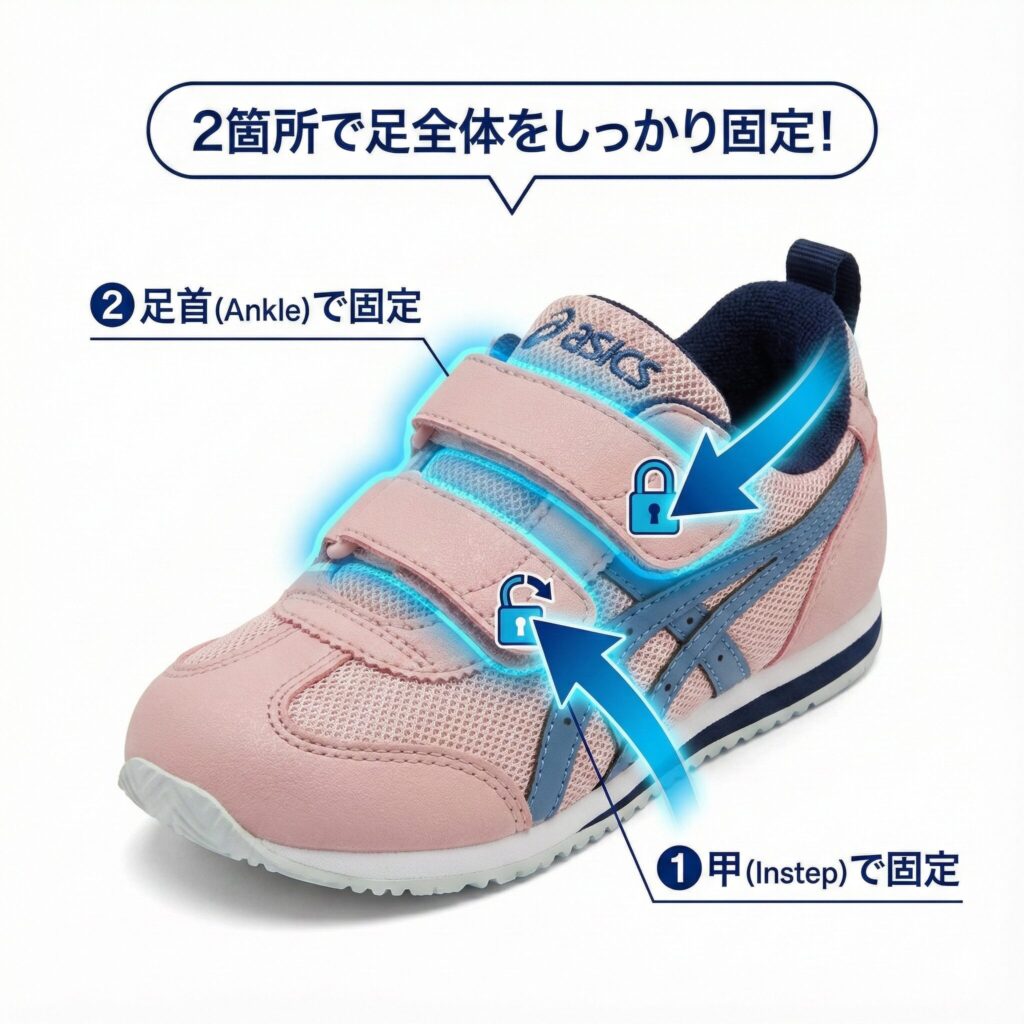 アシックス スクスクアイダホシリーズの2本ベルトは、甲と足首の2箇所で足全体をしっかり固定。