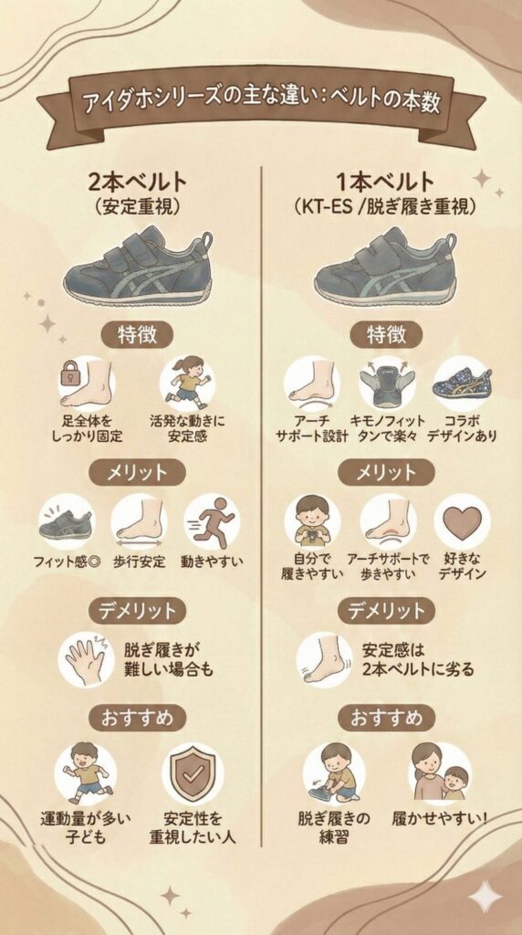 アシックススクスクアイダホシリーズのベルトの本数の違い図解：安定性の2本ベルト、脱ぎ履きしやすい1本ベルト