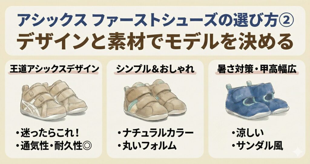 アシックスファーストシューズの選び方②デザインと素材の違いでモデルを決める