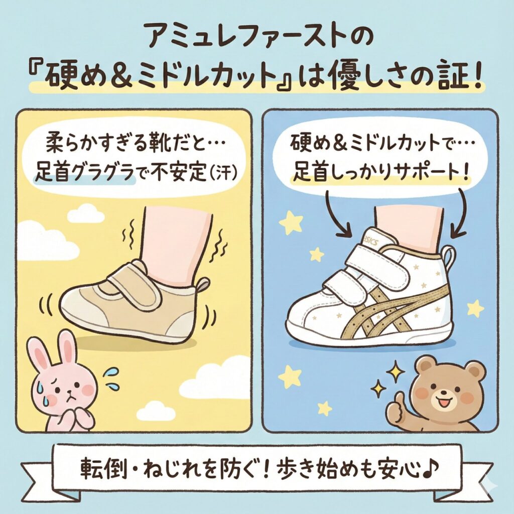 アミュレファーストの硬め＆ミドルカットは足へのやさしさの証