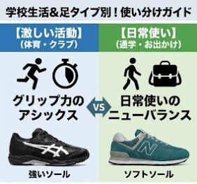 アシックスとニューバランスの甲高幅広シューズは学校での活動量や足のタイプによって使い分ける