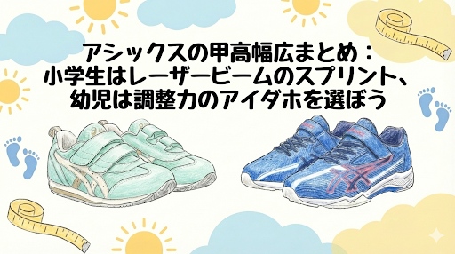 アシックスの甲高幅広まとめ　小学生はレーザービームのスプリント、幼児は調整力のアイダホを選ぼう