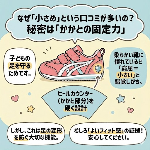 なぜ「小さめ」という口コミが多い？アシックス スクスク特有の「かかとの固定力」
