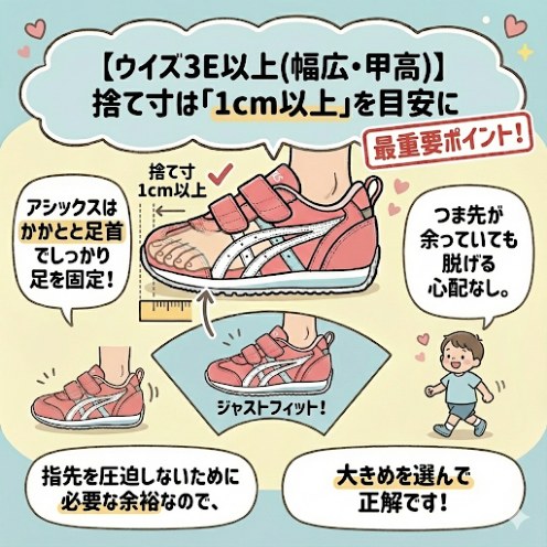 【ウイズ3E以上（幅広・甲高）】捨て寸は「1cm以上」を目安に