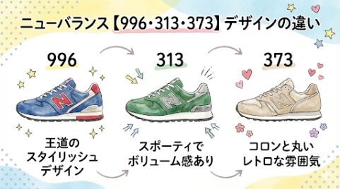 ニューバランスキッズ996、313、373のデザインの違い