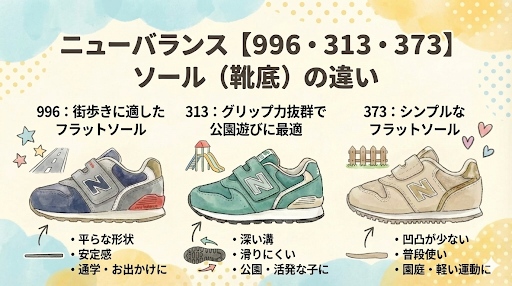 ニューバランスキッズ996・313・373のソール(靴底)の違いまとめ