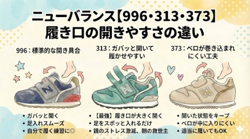 ニューバランスキッズ996・313・373の履き口の開きやすさの違いまとめ