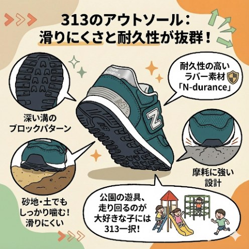 ニューバランスキッズ996・313・373のソールの違い:313はグリップ力抜群で公園遊びに最適