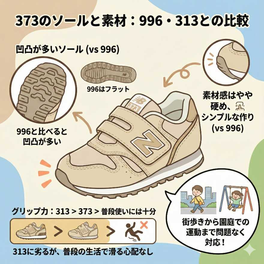 ニューバランスキッズ996・313・373のソールの違い:373はシンプルなフラットソール
