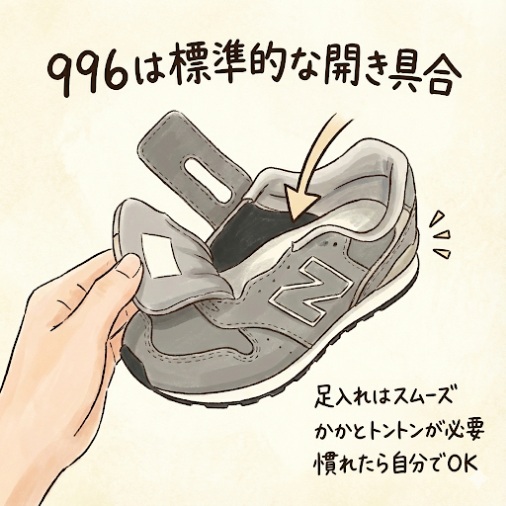 ニューバランスキッズ996、313、373の履き口の開きやすさの違い:996は標準的な開き具合