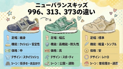 ニューバランスキッズ996、313、373の違いと特徴まとめ