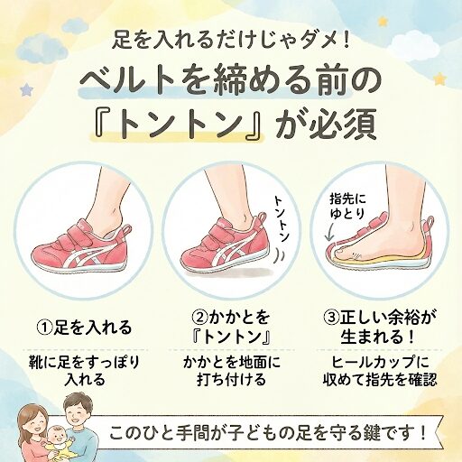 足を入れるだけじゃダメ！ベルトを締める前の「トントン」が必須