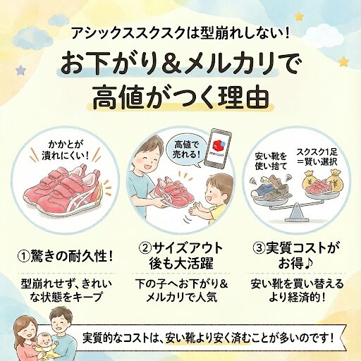 アシックススクスクは型崩れしないからお下がりやメルカリでも高値がつく