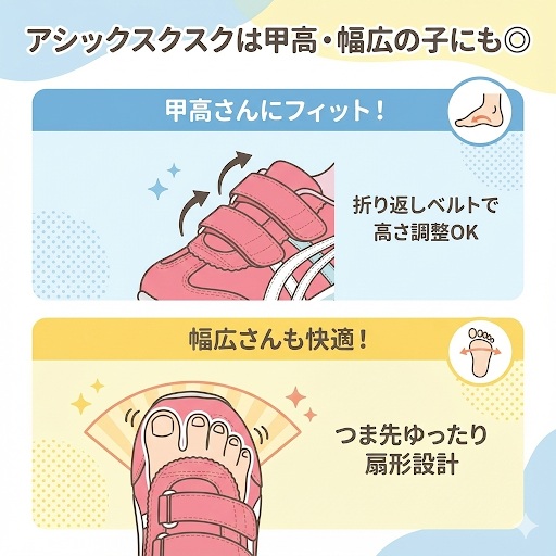 アシックススクスクは甲高幅広の子どもにも適している