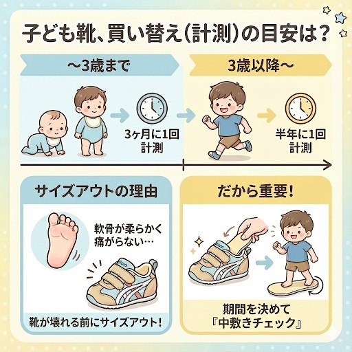 子ども靴のサイズ確認と買い替えの頻度は、3歳までは「3ヶ月に1回」、それ以降は「半年以1回」の計測を推奨します。 