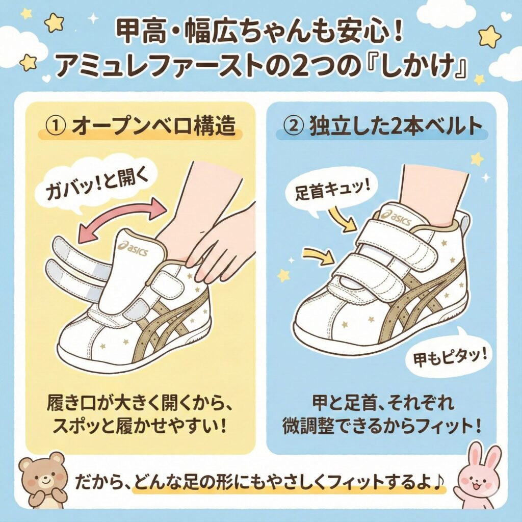 アミュレファーストには、甲高・幅広の足にも対応できる2つの仕掛け：オープンベロ構造と独立した2本ベルト