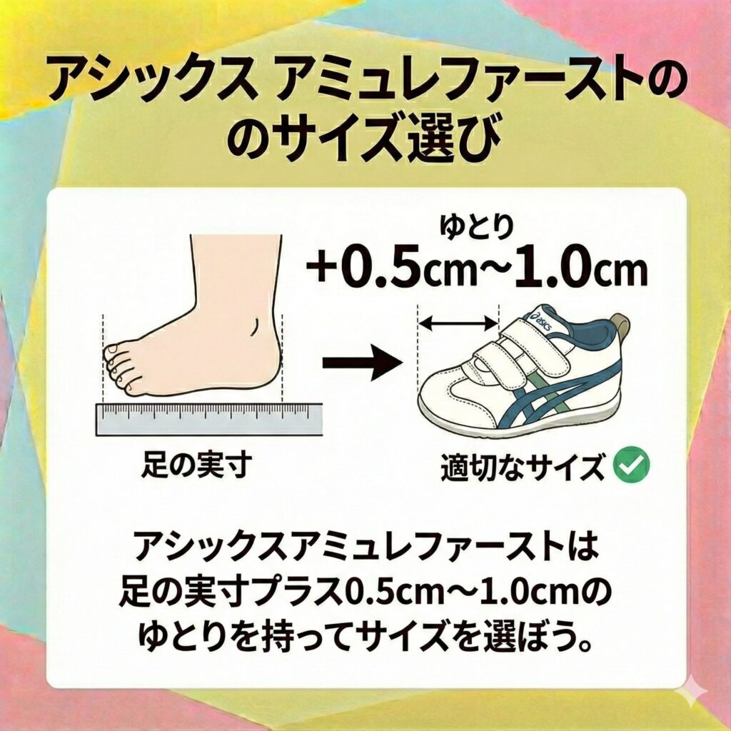 アシックスアミュレファーストのは足の実寸プラス0.5cm~1.0cmのゆとりを持って選ぶのが鉄則です。