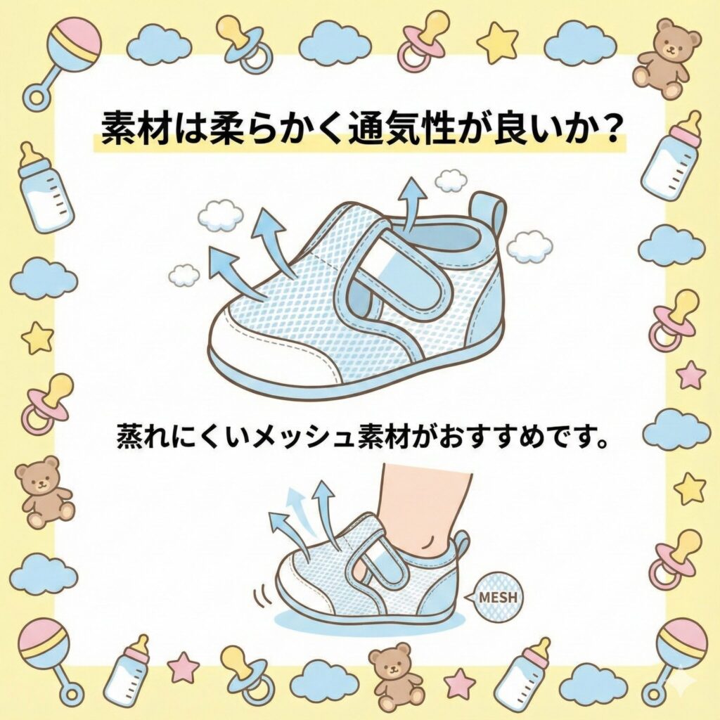 ファーストシューズの選び方　素材はやわらかく通気性が良いか　図解