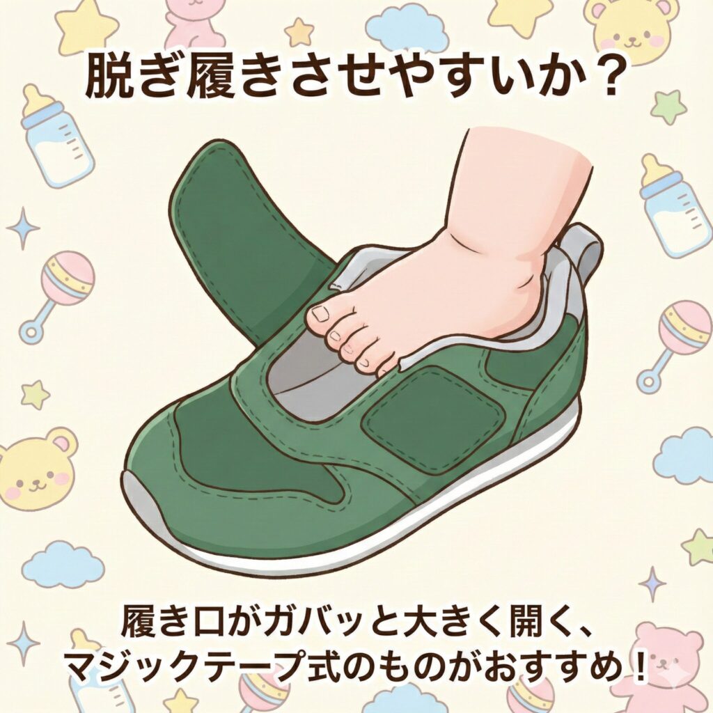 ファーストシューズの選び方　脱ぎ履きさせやすいか　図解