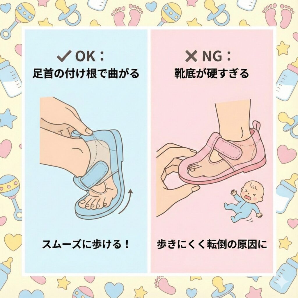 ファーストシューズの選び方　ソールが曲がりやすいか　図解