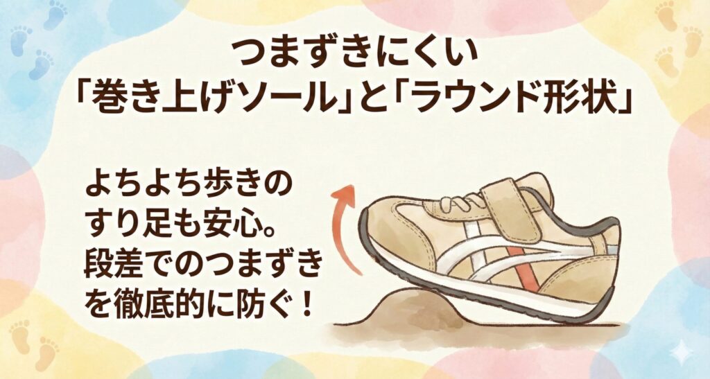 アシックスファーストシューズのつまずきにくい「巻き上げソール」と「ラウンド形状」