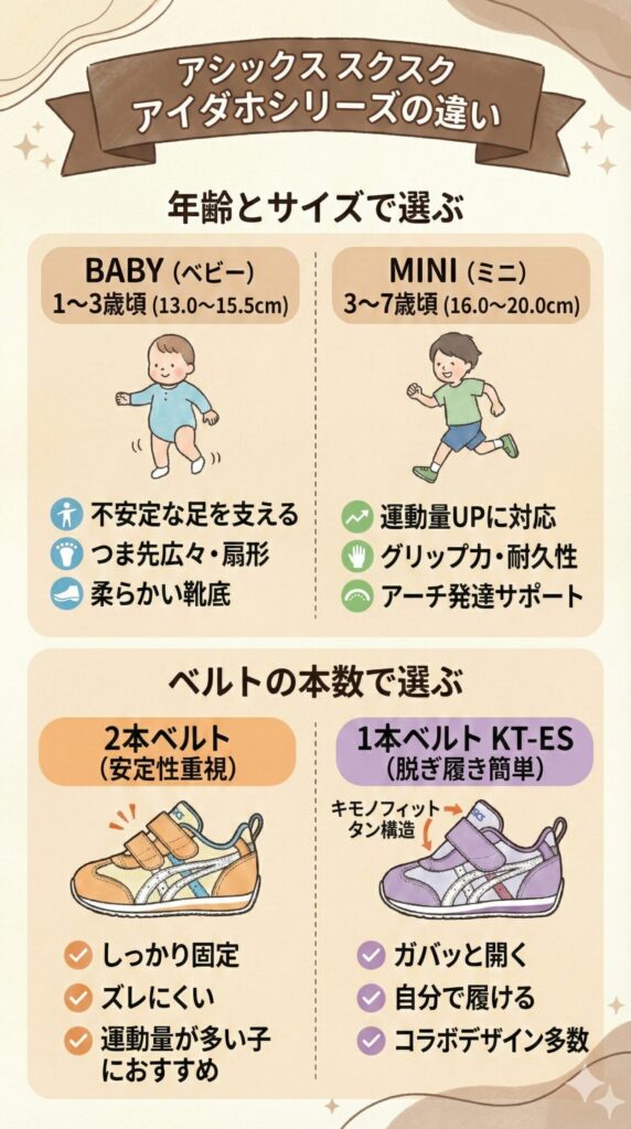 アシックス スクスク【アイダホ】シリーズの違いとは？BABYとMINI・ベルトの種類