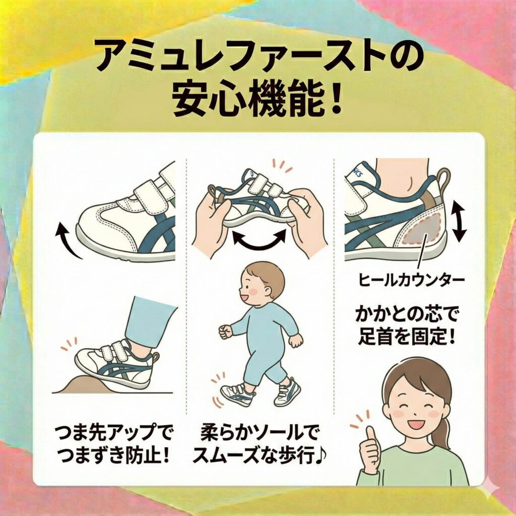 アミュレファーストはつま先が少し上がった形で、つまずきを防止してくれます。
ソール(靴底)は適度に柔らかく、赤ちゃんの歩く動作にあわせて曲がるため、スムーズな足運びが可能です。
かかと部分に入っている芯(ヒールカウンター)が、グラグラする足首をしっかり固定。