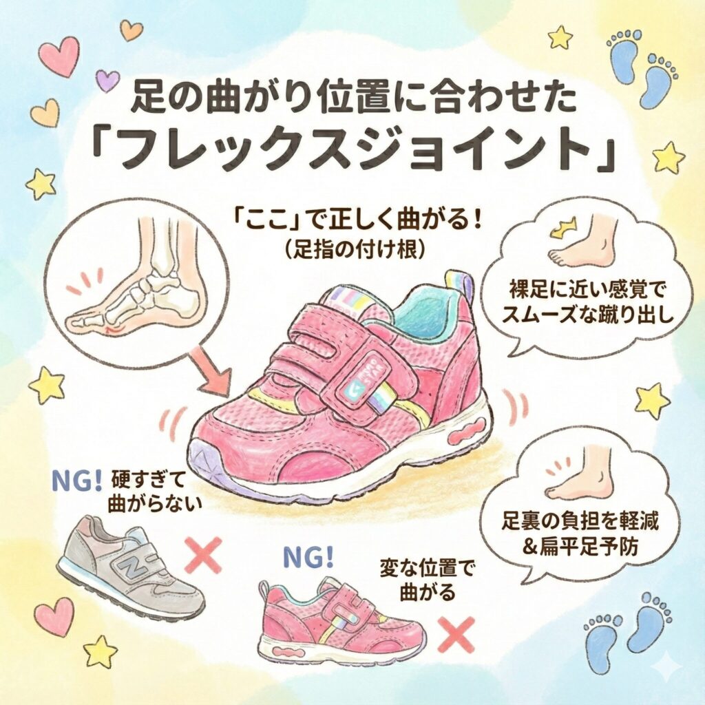 足の曲がり位置に合わせた「フレックスジョイント」