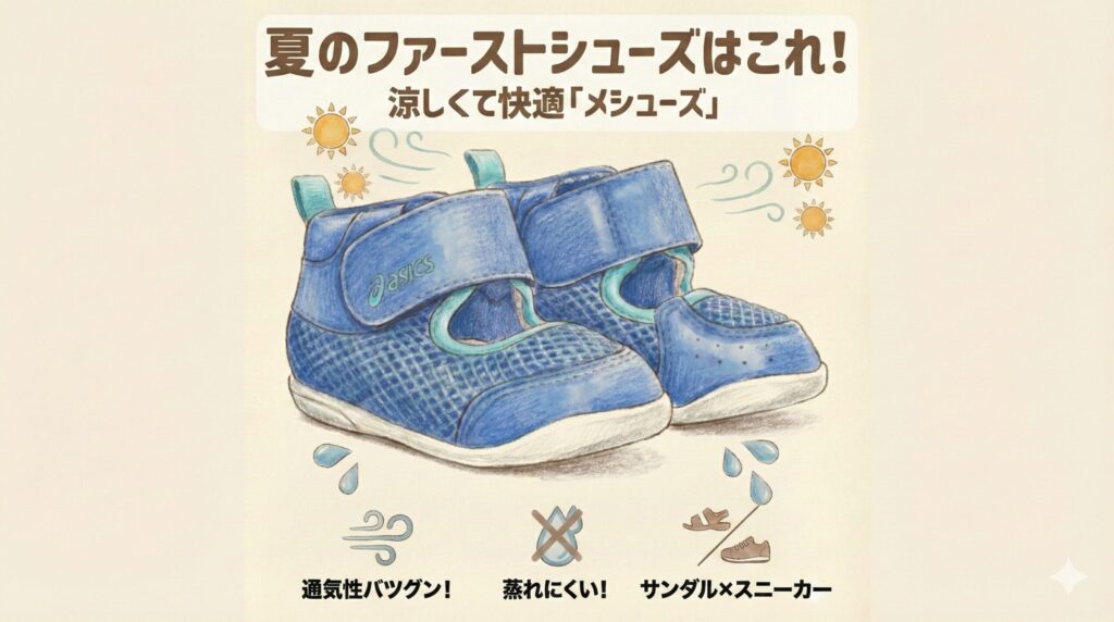 アシックスファーストシューズ夏に歩き始めたら「メシューズ」