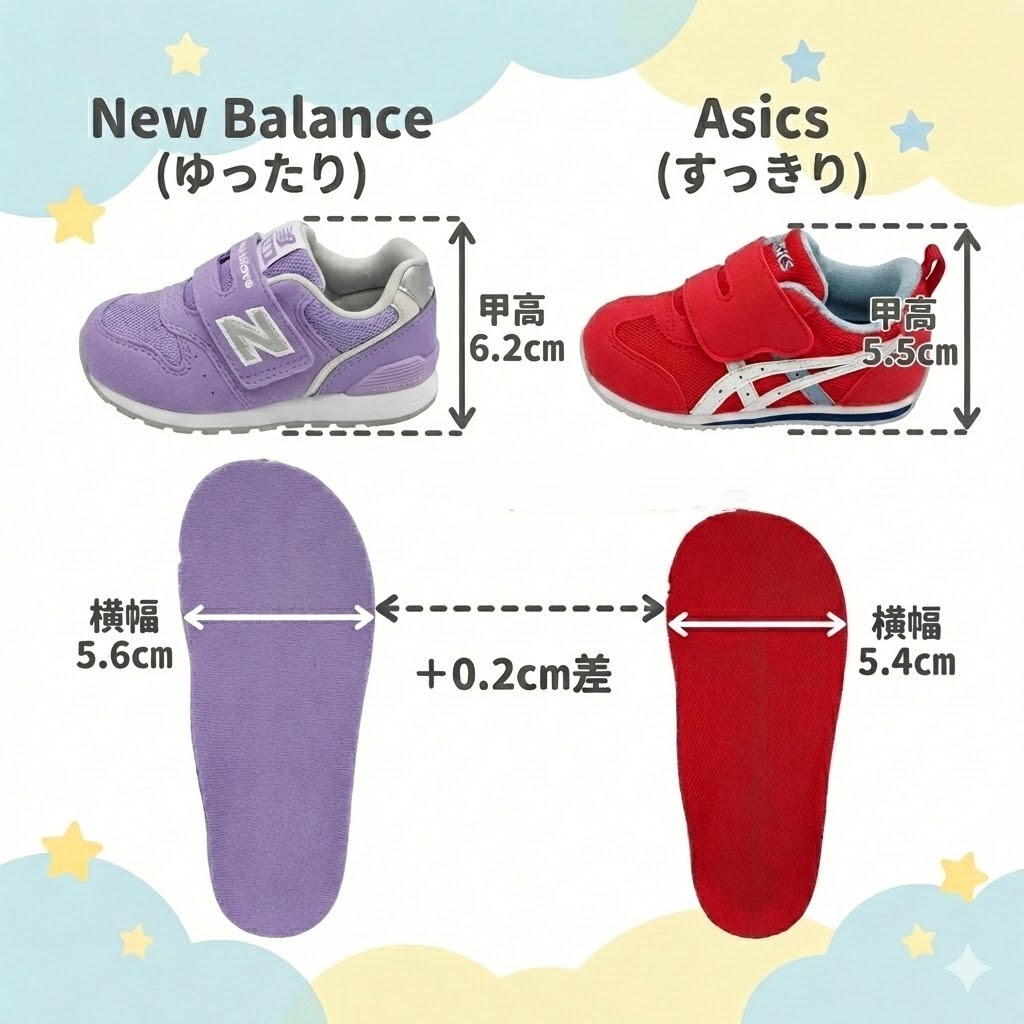 ニューバランスとアシックスのファーストシューズ　甲の高さとインソールの幅の違い