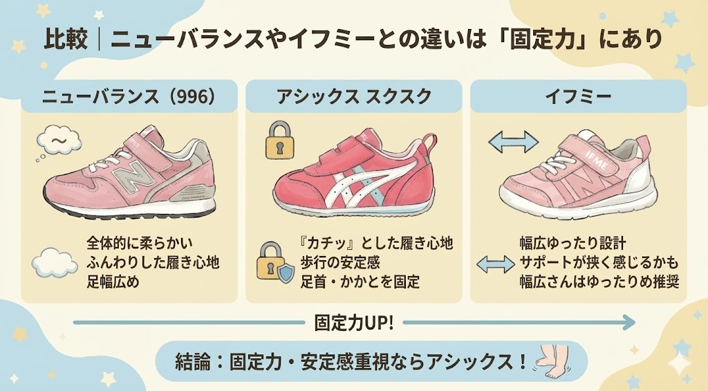比較｜ニューバランスやイフミーとアシックス スクスクのサイズ感・固定力の違い