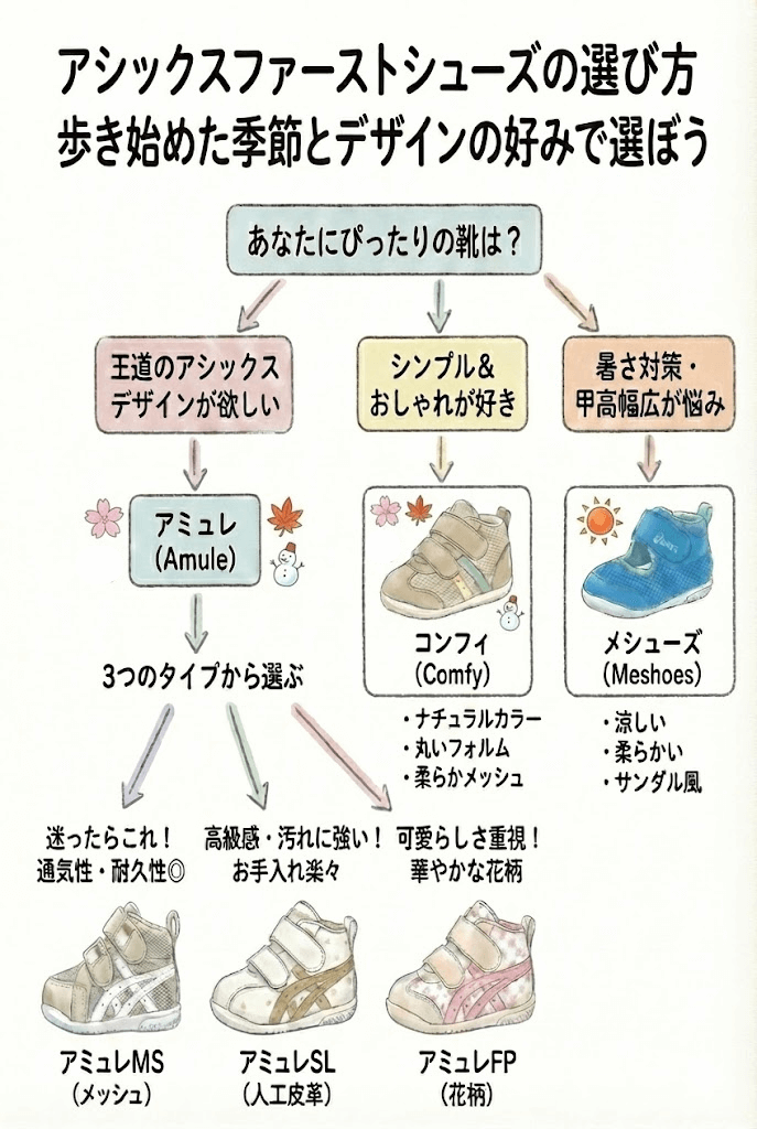 アシックスファーストシューズの違いと選び方まとめアミュレ、コンフィ、メシューズ