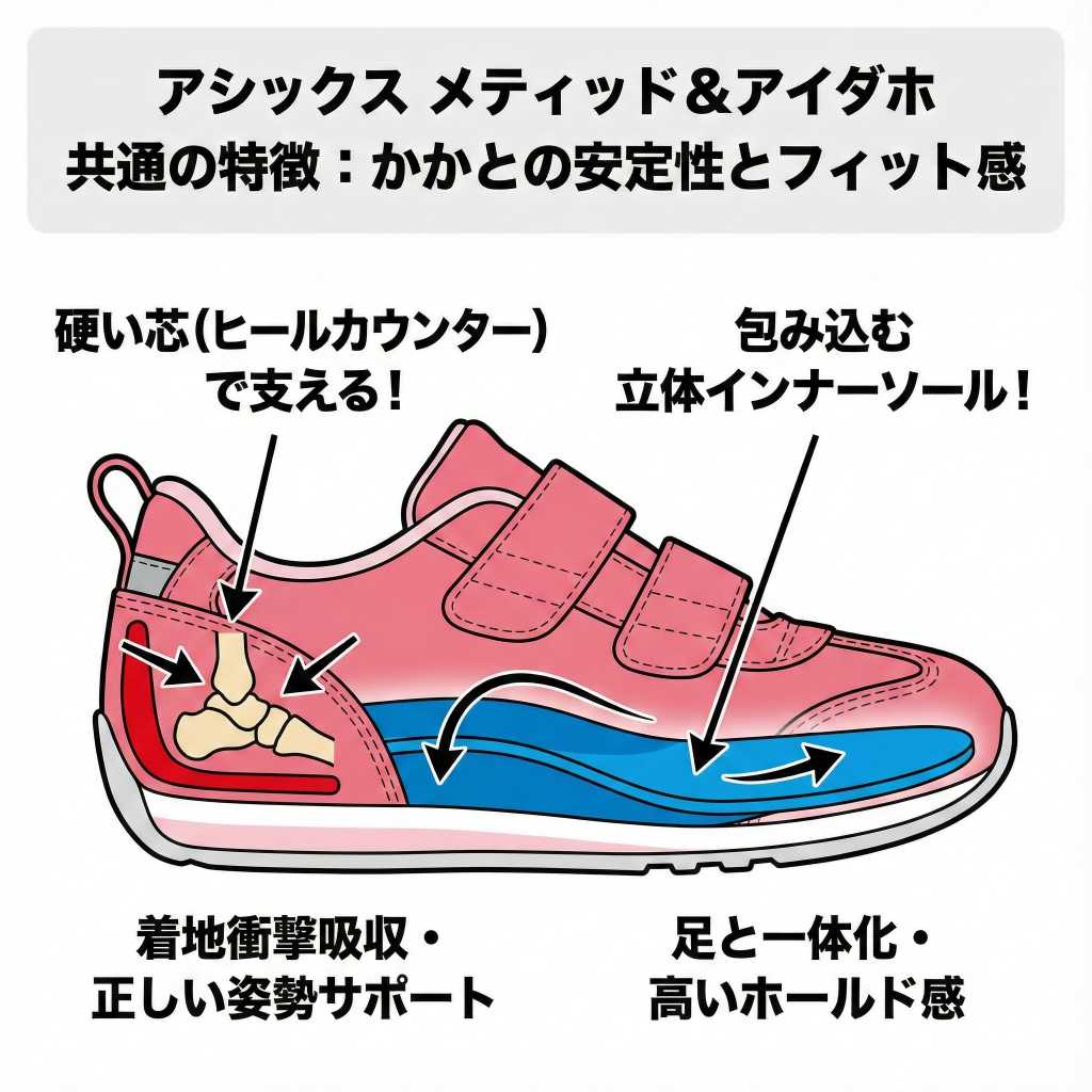 アシックスメティッドとアイダホの共通の特徴：かかとの安定性とフィット感