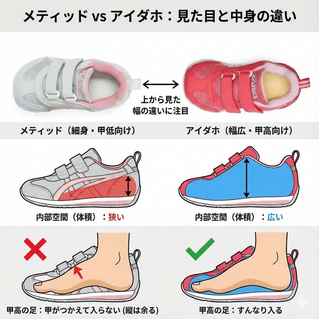 アシックスメティッドとアイダホは縦の長さは同じでも足が入る体積が違う
