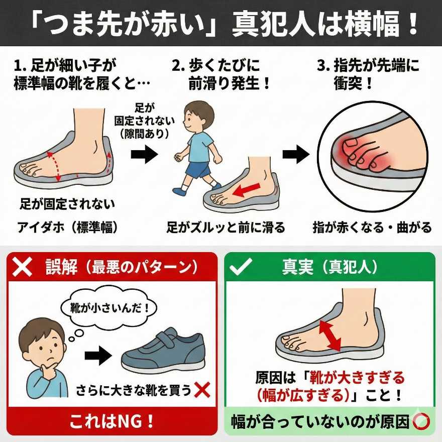 「つま先が赤い」の真犯人は、靴が小さいからではなく横幅だった