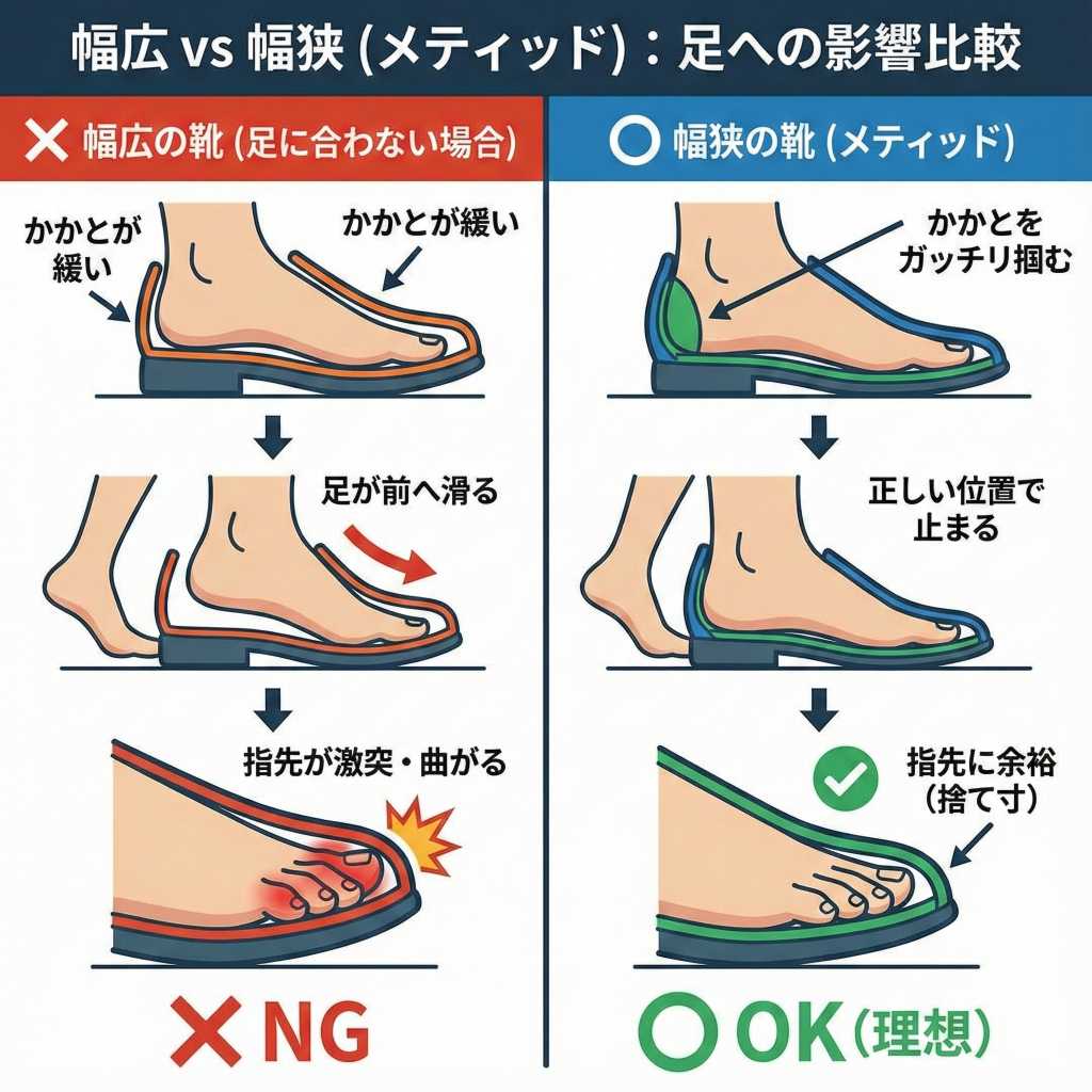 幅広の靴（足に合わない場合） かかとが緩い ➡ 歩くたびに足が前へ滑る ➡ 指先が靴の壁に激突して曲がる

幅狭の靴（メティッド） かかとをガッチリ掴む ➡ 足が正しい位置で止まる ➡ 指先に本来の「余裕（捨て寸）」が確保される