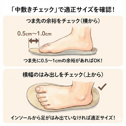 つま先： 0.5cm〜1.0cmの余裕があれば適正サイズ。

横幅： インソールから足がはみ出ていないか？