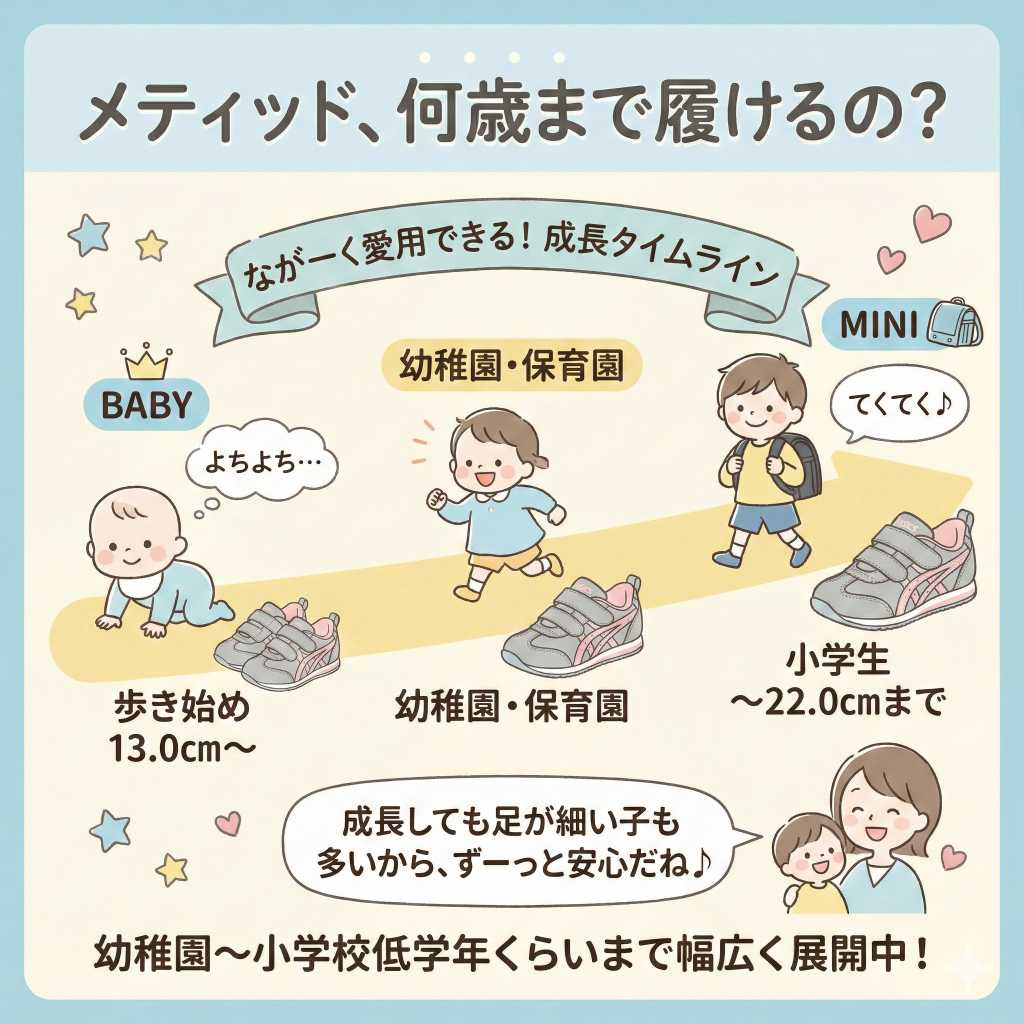 メティッドのサイズ展開はは赤ちゃん（13センチ）から小学生（22センチ）まで