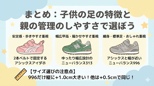まとめ：アシックスとニューバランスのサイズ感と違い総括　こどもの足の特徴と親の管理のしやすさで選ぼう
