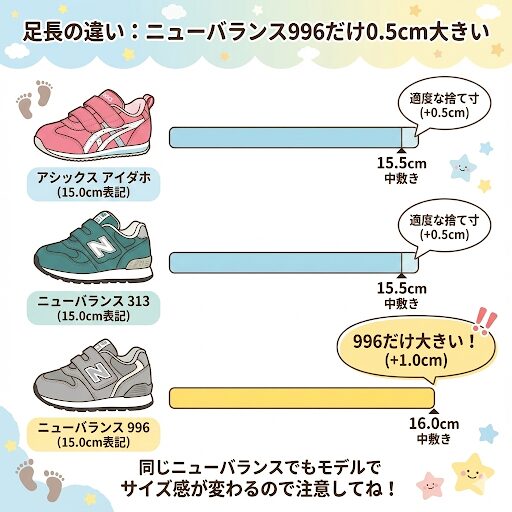アシックスとニューバランスの足長の違い｜ニューバランス996だけ縦に0.5cm大きい