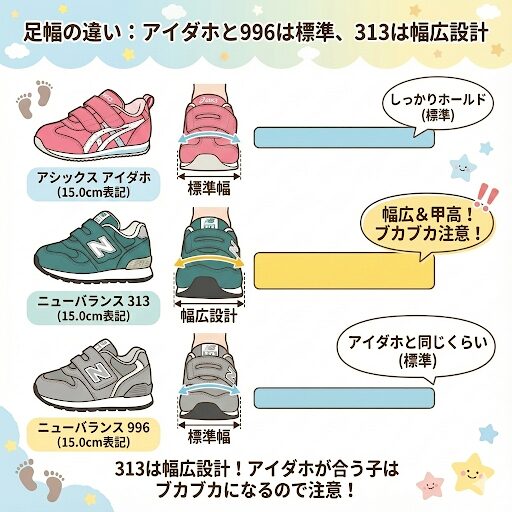 アシックスとニューバランスの足幅の違い｜アイダホと996は標準、313は幅広設計
