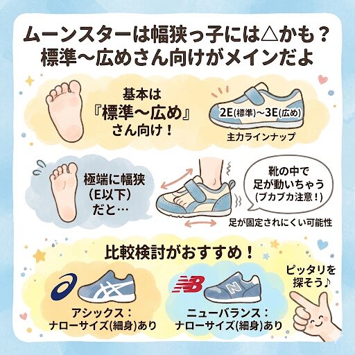 ムーンスターは基本的には「足幅が標準〜広め(甲高)」の子におすすめのメーカーです。