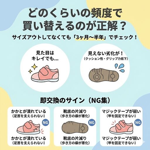 サイズアウトしていなくても、「3ヶ月〜半年」を目安に靴の状態をチェックしてください。
