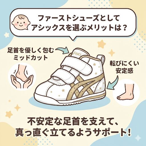 ファーストシューズとしてアシックスを選ぶメリットは「転びにくい安定感」と「足首の支え」