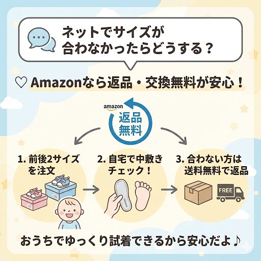 ネットで靴を買うなら返品・交換無料のAmazonを利用するのが安心です。 
