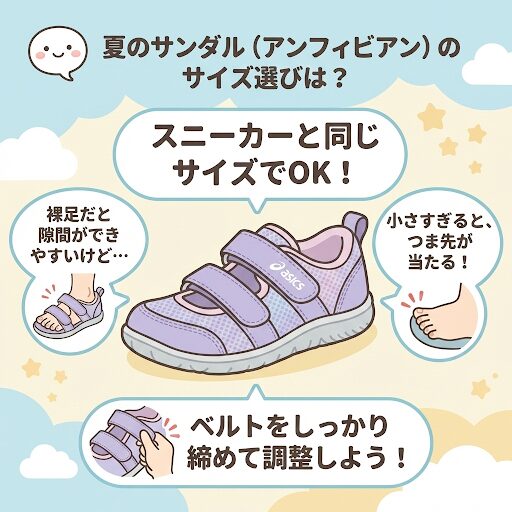 夏のサンダル（アンフィビアンなど）のサイズ選びは「裸足で履く」ならジャストサイズ寄りを推奨しますが、水遊び用はつま先のガードが必須です。 