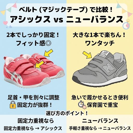 アシックスとニューバランスのベルト（マジックテープ）の違い｜2本で締めるアシックス・1本で楽なニューバランス
