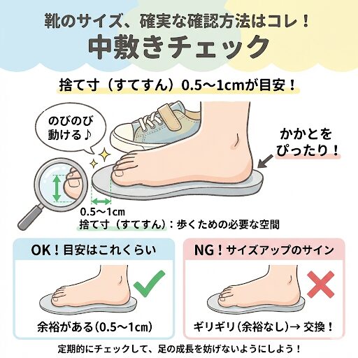 ファーストシューズからセカンドシューズへの切り替えの靴のサインは中敷きに足を乗せてつま先の余裕を確認