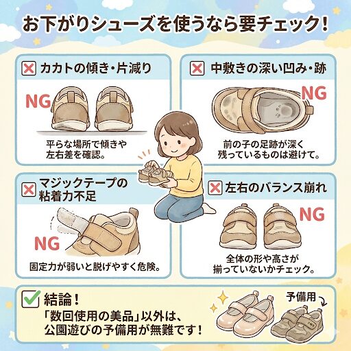 お下がりシューズを使うならカカトのすり減りや中敷きの凹みを確認して
