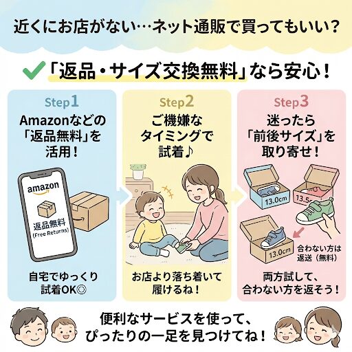 セカンドシューズは「返品・サイズ交換無料」のサービスがあるAmazonが安心です。
